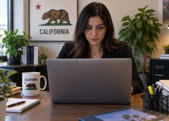 Close-up of a California resident working on a laptop in an office, viewed from the front with the laptop facing away from the viewer, illustrating access to online government services.