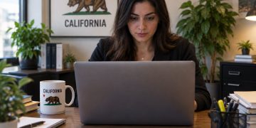 Close-up of a California resident working on a laptop in an office, viewed from the front with the laptop facing away from the viewer, illustrating access to online government services.