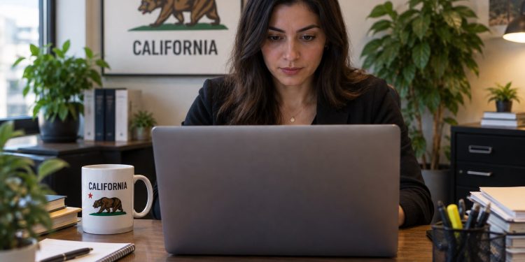 Close-up of a California resident working on a laptop in an office, viewed from the front with the laptop facing away from the viewer, illustrating access to online government services.