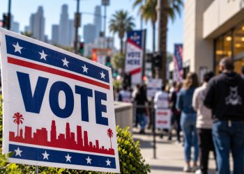 Close-up of a Los Angeles mayoral campaign sign with blurred voters and a city street in the background, illustrating the 2026 mayoral race.