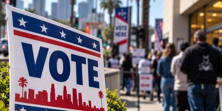 Close-up of a Los Angeles mayoral campaign sign with blurred voters and a city street in the background, illustrating the 2026 mayoral race.