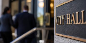 Close-up of a blurred municipal building entrance with indistinct figures in the background, illustrating an investigation involving a city official.