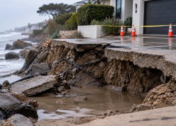 Close-up of a collapsed coastal driveway with exposed earth and standing water near a residential property, illustrating damage caused by coastal erosion.