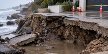 Close-up of a collapsed coastal driveway with exposed earth and standing water near a residential property, illustrating damage caused by coastal erosion.
