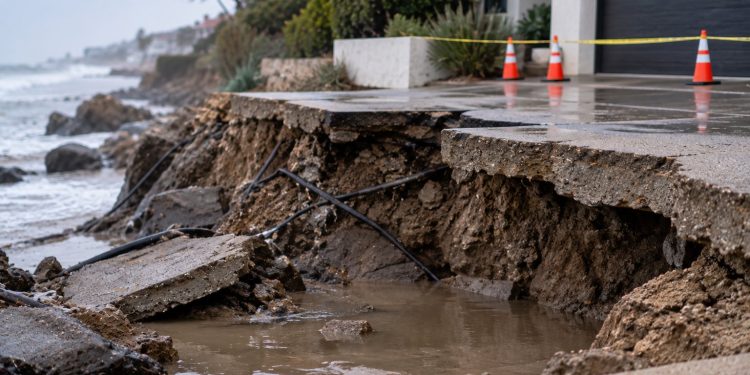 Close-up of a collapsed coastal driveway with exposed earth and standing water near a residential property, illustrating damage caused by coastal erosion.