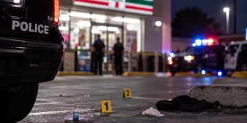 Close-up of a convenience store parking lot with scattered debris, blurred emergency vehicles and police activity in the background, illustrating a shooting in San Bernardino.