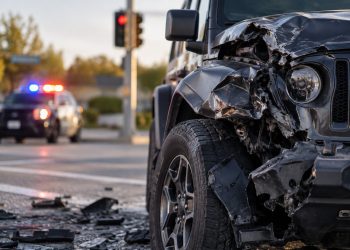 Close-up of a damaged SUV at a suburban intersection, with blurred emergency lights in the background, illustrating a fatal high-speed crash investigation.