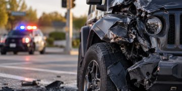 Close-up of a damaged SUV at a suburban intersection, with blurred emergency lights in the background, illustrating a fatal high-speed crash investigation.