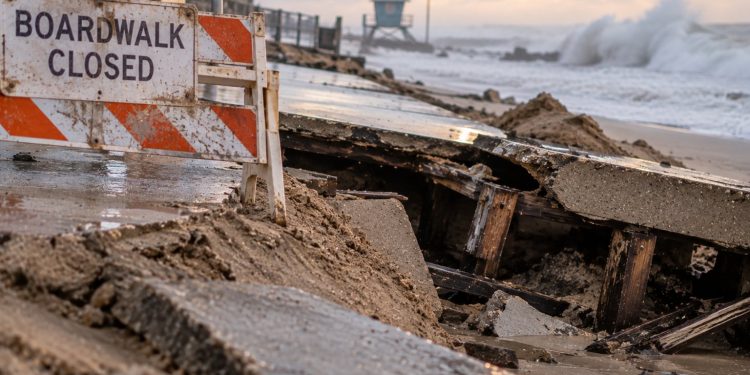 Close-up of a damaged coastal boardwalk and eroded sand berm with large waves in the background, illustrating severe surf damage on the Long Beach Peninsula.