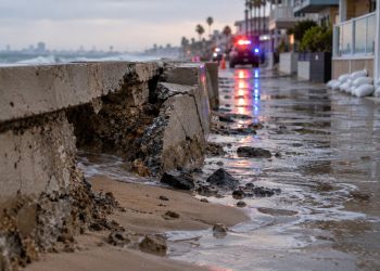 Close-up of a damaged coastal seawall with sand and floodwater along a residential walkway, with blurred emergency lights in the background.