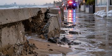 Close-up of a damaged coastal seawall with sand and floodwater along a residential walkway, with blurred emergency lights in the background.