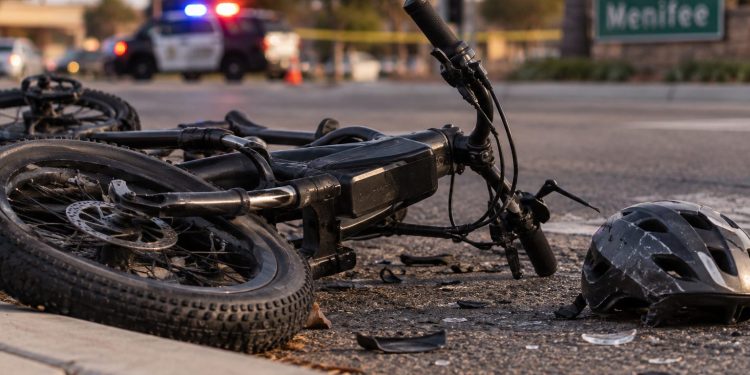 Close-up of a damaged e-bike near a Menifee roadway after a fatal police pursuit crash
