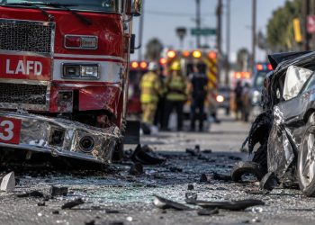 Close-up of a damaged fire apparatus and shattered vehicle glass on a city street, with emergency responders blurred in the background after a multi-vehicle crash in South Los Angeles.