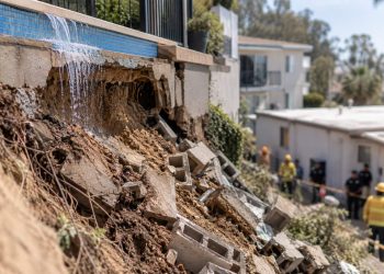 Close-up of a damaged hillside and retaining wall beneath a residential pool, with blurred emergency crews and apartment buildings in the background.