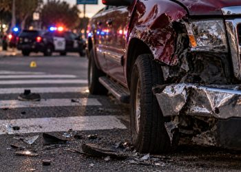 Close-up of a damaged pickup truck and roadway debris near a pedestrian crossing, with blurred emergency lights in the background, illustrating a hit-and-run investigation in Riverside.