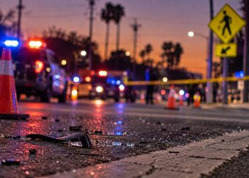 Close-up of a damaged roadway at dawn with blurred emergency lights, traffic cones and a pedestrian crossing sign in the background, illustrating a fatal hit-and-run in the San Fernando Valley.