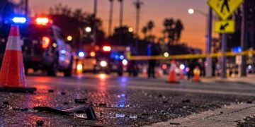 Close-up of a damaged roadway at dawn with blurred emergency lights, traffic cones and a pedestrian crossing sign in the background, illustrating a fatal hit-and-run in the San Fernando Valley.