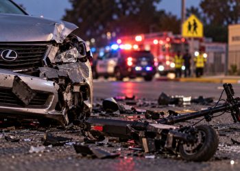 Close-up of a damaged silver Lexus and scattered electric scooter debris at a Riverside intersection, with emergency crews and a school-area street blurred in the background.