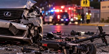 Close-up of a damaged silver Lexus and scattered electric scooter debris at a Riverside intersection, with emergency crews and a school-area street blurred in the background.