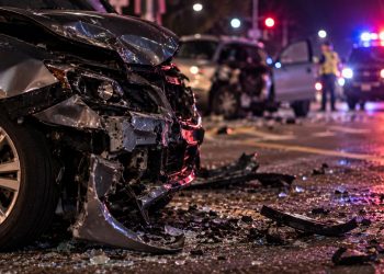 Close-up of a damaged vehicle and roadway debris at night, with blurred emergency lights in the background, illustrating a fatal two-vehicle crash investigation in Encino.