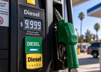 Close-up of a diesel fuel pump displaying $9.999 per gallon, with a green diesel nozzle in sharp focus and a blurred gas station in the background.