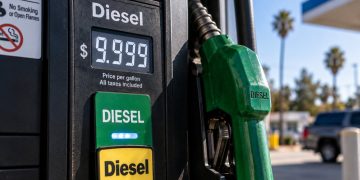 Close-up of a diesel fuel pump displaying $9.999 per gallon, with a green diesel nozzle in sharp focus and a blurred gas station in the background.