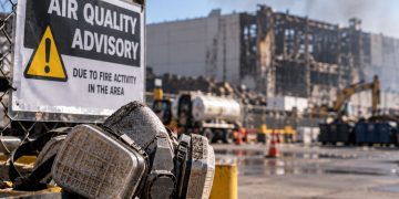 Close-up of a dusty respirator beside an air-quality warning sign near a damaged warehouse, illustrating lingering health concerns after the Lineage fire.