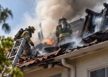 Close-up of a fire-damaged apartment roof with firefighters working through heavy smoke, illustrating an apartment fire response in Beverly Hills.
