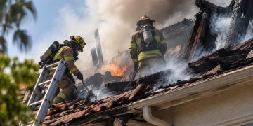 Close-up of a fire-damaged apartment roof with firefighters working through heavy smoke, illustrating an apartment fire response in Beverly Hills.