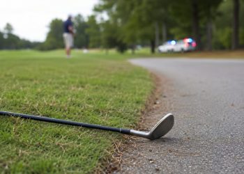 Close-up of a golf club lying beside a cart path, with a blurred golfer and distant police presence visible in the background.