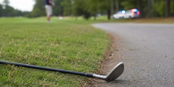 Close-up of a golf club lying beside a cart path, with a blurred golfer and distant police presence visible in the background.