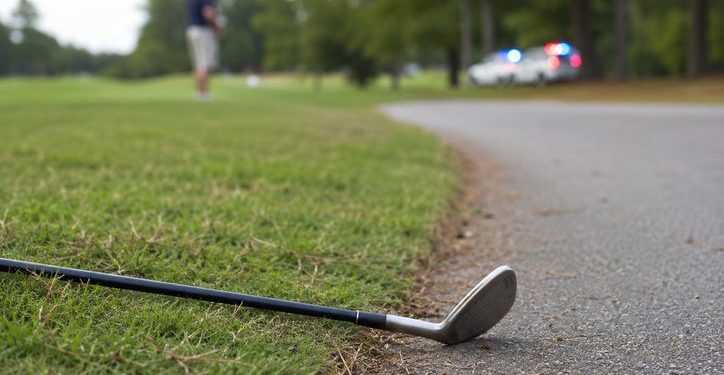 Close-up of a golf club lying beside a cart path, with a blurred golfer and distant police presence visible in the background.