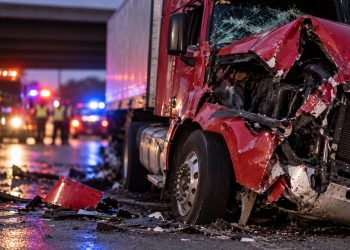 Close-up of a heavily damaged red semi-truck cab with shattered glass and roadway debris, with blurred emergency lights in the background, illustrating a big rig crash investigation.