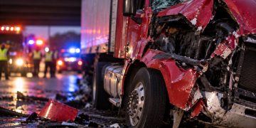 Close-up of a heavily damaged red semi-truck cab with shattered glass and roadway debris, with blurred emergency lights in the background, illustrating a big rig crash investigation.