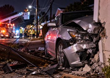 Close-up of a heavily damaged silver sedan against a residential property, with utility wires, emergency crews and a blocked Mission Hills street blurred in the background.