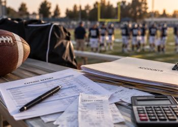 Close-up of a high school football field with a booster club finance folder, calculator and payment records in the foreground, illustrating an alleged embezzlement investigation.