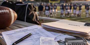 Close-up of a high school football field with a booster club finance folder, calculator and payment records in the foreground, illustrating an alleged embezzlement investigation.
