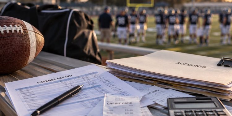 Close-up of a high school football field with a booster club finance folder, calculator and payment records in the foreground, illustrating an alleged embezzlement investigation.
