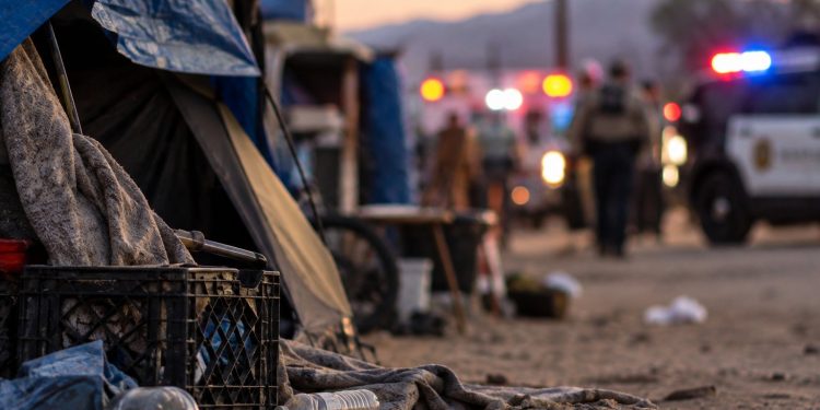 Close-up of a makeshift encampment area with a blurred emergency response in the background, illustrating a stabbing investigation in Hesperia.