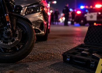 Close-up of a motorcycle beside a damaged vehicle at night, with blurred emergency lights and a firearm case in the background, illustrating a road rage investigation in Camarillo.
