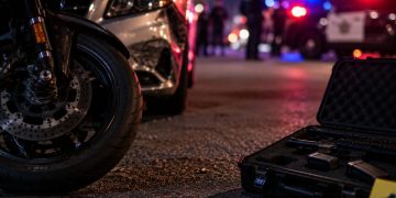 Close-up of a motorcycle beside a damaged vehicle at night, with blurred emergency lights and a firearm case in the background, illustrating a road rage investigation in Camarillo.