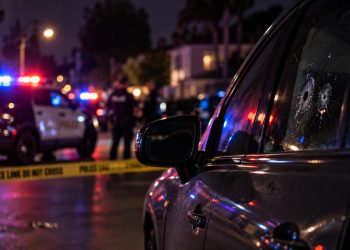 Close-up of a parked vehicle at night with blurred emergency lights, police activity and residential homes in the background, illustrating a fatal shooting in Granada Hills.