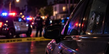 Close-up of a parked vehicle at night with blurred emergency lights, police activity and residential homes in the background, illustrating a fatal shooting in Granada Hills.