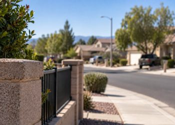 Close-up of a quiet Lancaster residential street with suburban homes, sidewalks and desert landscaping, illustrating a court-approved community placement.