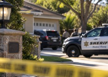 Close-up of a quiet Newbury Park residential street with a home entrance and blurred sheriff's vehicles in the background, illustrating a death investigation.