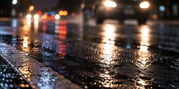 Close-up of a rain-covered roadway and blurred vehicle headlights at night, used as an illustrative image for a fatal hit-and-run crash in Laguna Beach.