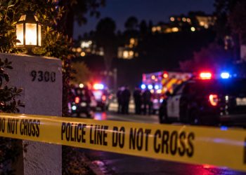 Close-up of a residential street at night with blurred police lights, crime-scene tape and emergency responders in the background, illustrating an officer-involved shooting in the Hollywood Hills.