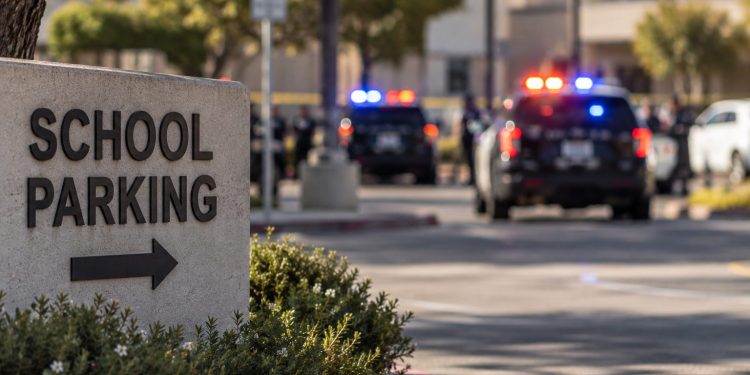 Close-up of a school parking sign with blurred police activity in the background after a student battery in Ventura.
