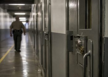 Close-up of a secured prison corridor and metal door, with a blurred correctional employee walking in the background.