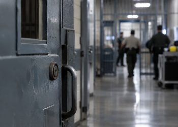Close-up of a secured prison corridor with a metal door and blurred correctional staff activity in the background, illustrating an alleged attack on a prison counselor in Lancaster.